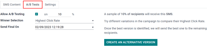 The A/B Test tab is located on an Juniper SMS Marketing app campaign form.