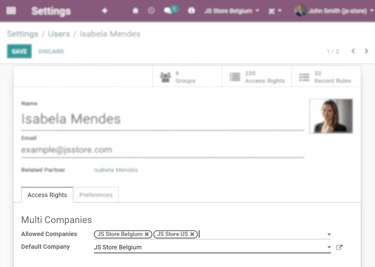 View of an user form emphasizing the multi companies field under the access rights tabs in Juniper