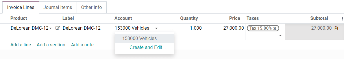 Selection of an Assets Account on a draft bill in Juniper Accounting