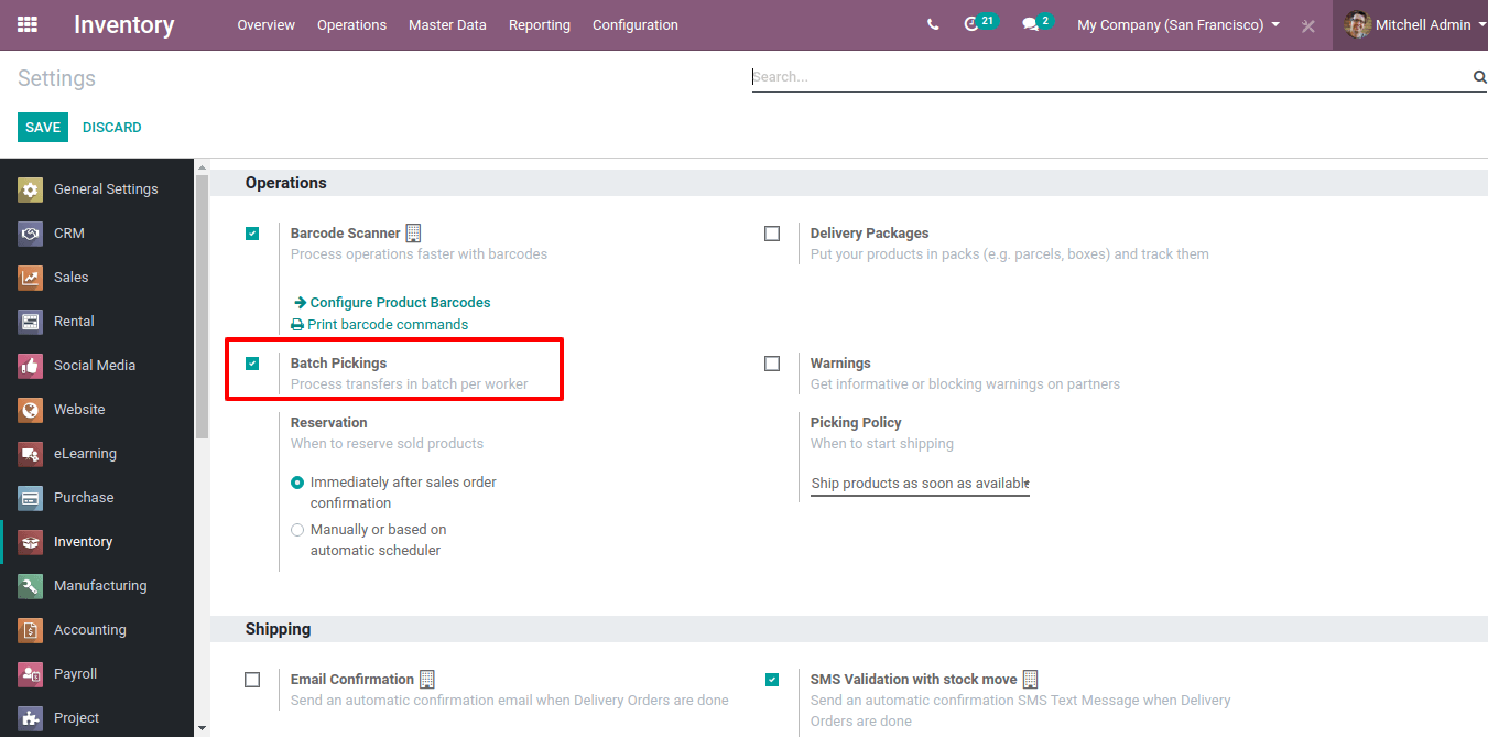 View of the inventory settings. Process to enable the batch pickings option in the Juniper Inventory app