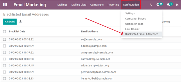 View of the blacklisted email addresses page in Juniper Email Marketing.