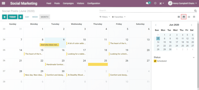 Example of the calendar view in Juniper Social Marketing.