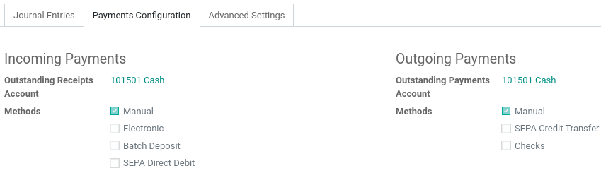 Configuration tab of the cash journal.