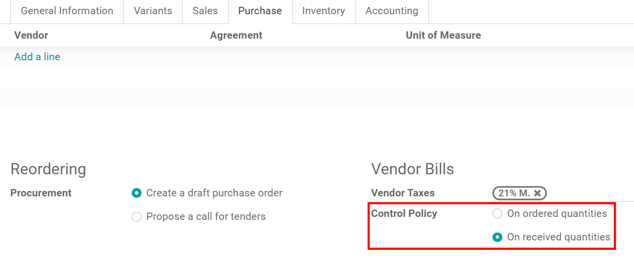 Vendor bills default control setting for new products in Juniper Purchase