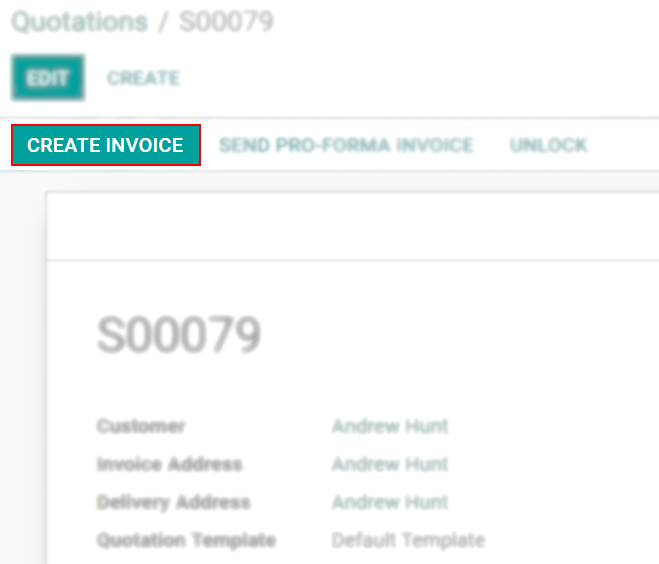 View of a sales order emphasizing the create invoice button in Juniper Sales