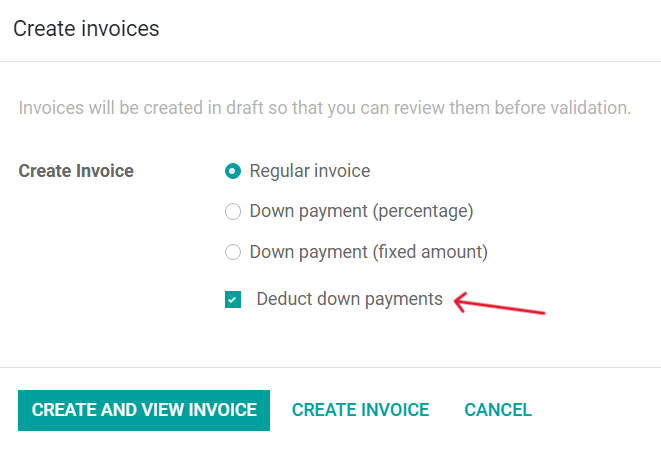 The deduct down payment option on the create invoices pop up in Juniper Sales.