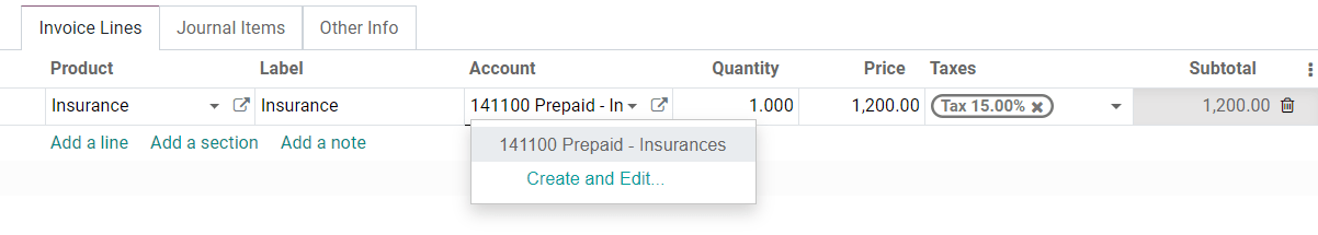 Selection of a Deferred Expense Account on a draft bill in Juniper Accounting