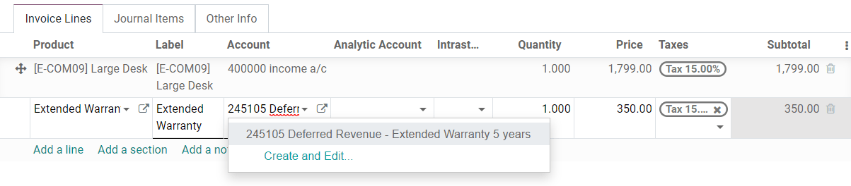 Selection of a Deferred Revenue Account on a draft invoice in Juniper Accounting