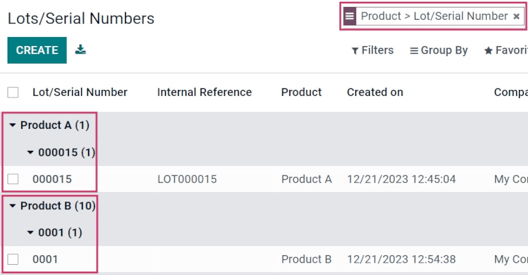 Reporting page with drop-down lists of lots and serial numbers.