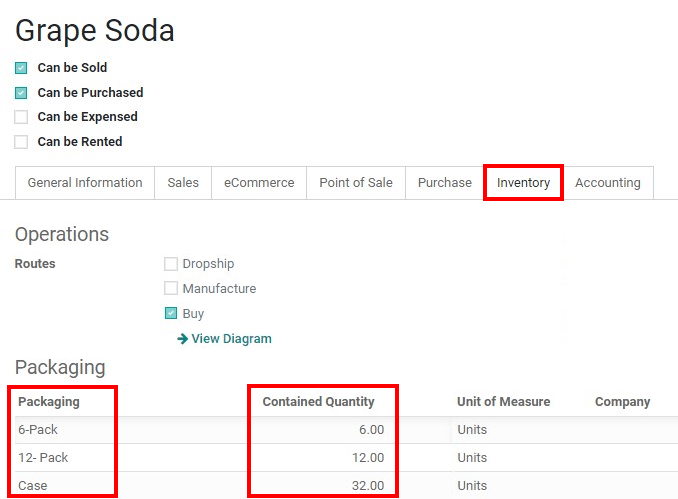 Show packaging and contained quantities, specified on the product page form in the Inventory tab.