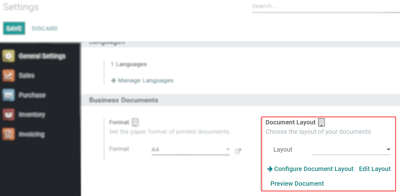 View of the settings page emphasizing the document layout field in Juniper