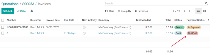 The down payment invoices page in Juniper Sales.