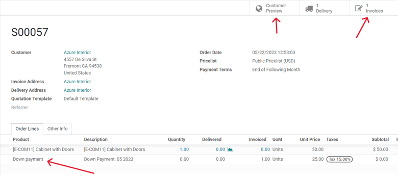 How the down payment is mentioned on the sales order in Juniper Sales.