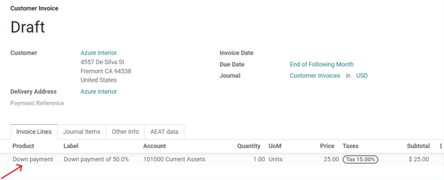 A sample draft invoice with down payment mentioned in Juniper Sales.