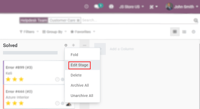 Overview of a helpdesk team kanban view emphasizing the menu edit stage in Juniper Helpdesk