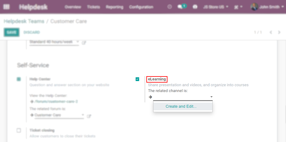 Overview of the settings page of a customer care team emphasizing the feature elearning in Juniper Helpdesk