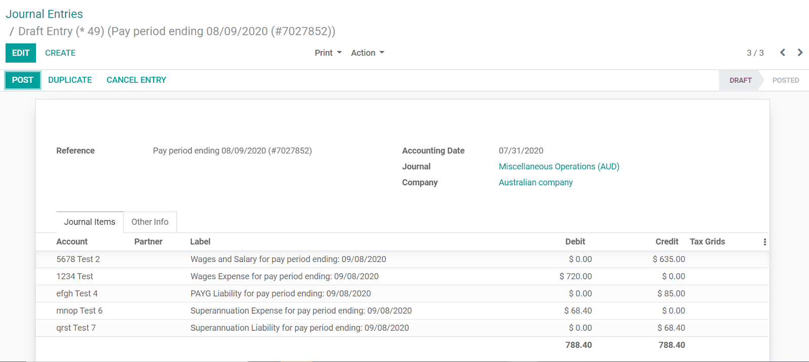 Example of a Employment Hero Journal Entry in Juniper Accounting (Australia)