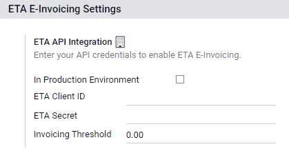 Configuration of the ETA E-Invoicing credentials in Juniper Accounting