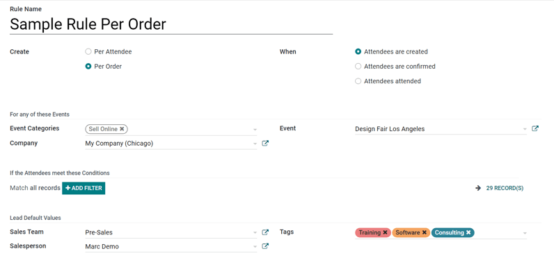 How the Lead Generation Rule template looks in Juniper Events.