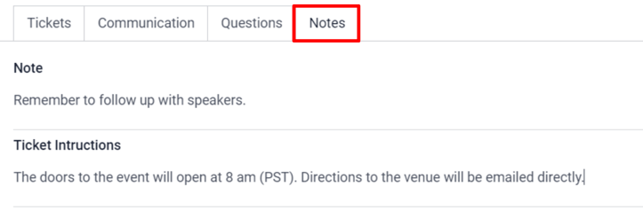 View of the Notes tab in Juniper Events.