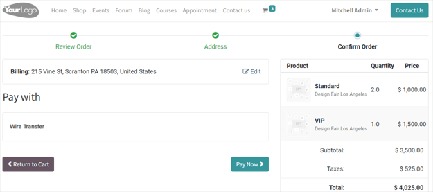 View of website transaction for Juniper Events.