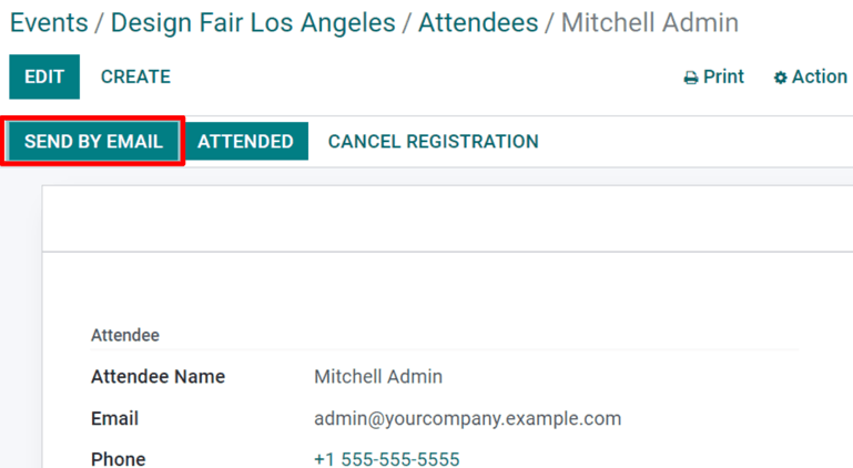 View of an attendee form emphasizing the send by email and cancel registration in Juniper Events.