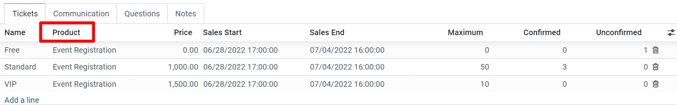 View of an event form highlighting the column product under the tickets tab in Juniper Events.