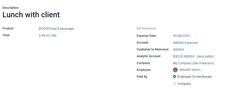 A filled in expense form for a client lunch.