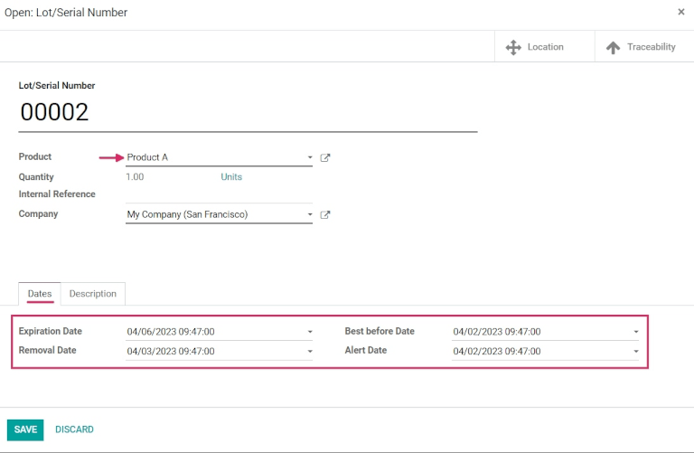 Dates tab with expiration information for specific lot number.