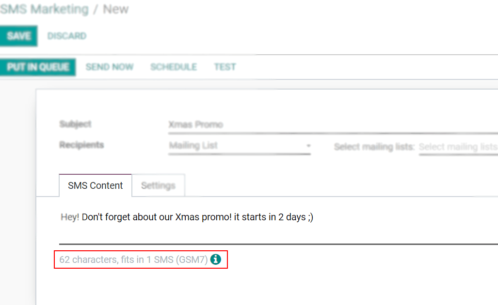 Number of GSM7 characters that fit in an SMS message in Juniper SMS Marketing.