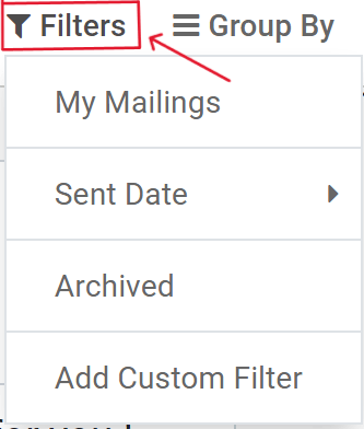 View of filters drop-down menu options on the Juniper Email Marketing dashboard.