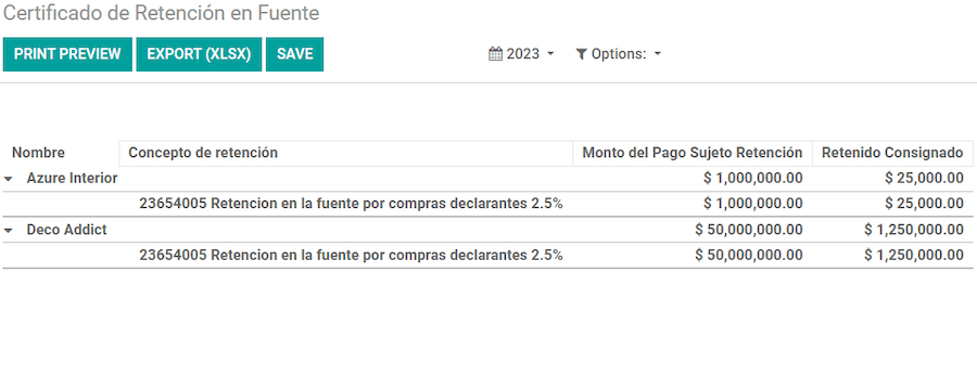 Certificado de Retención en Fuente report in Juniper Accounting.