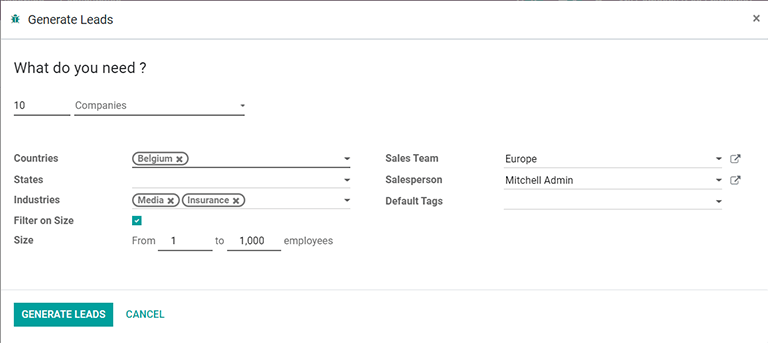 The pop-up window with the selection criteria in order to generate leads in Juniper.