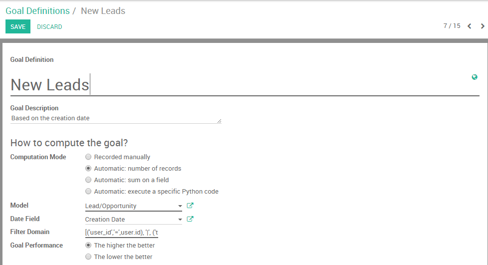 View of the goal definition form and a goal definition being created for Juniper Sales