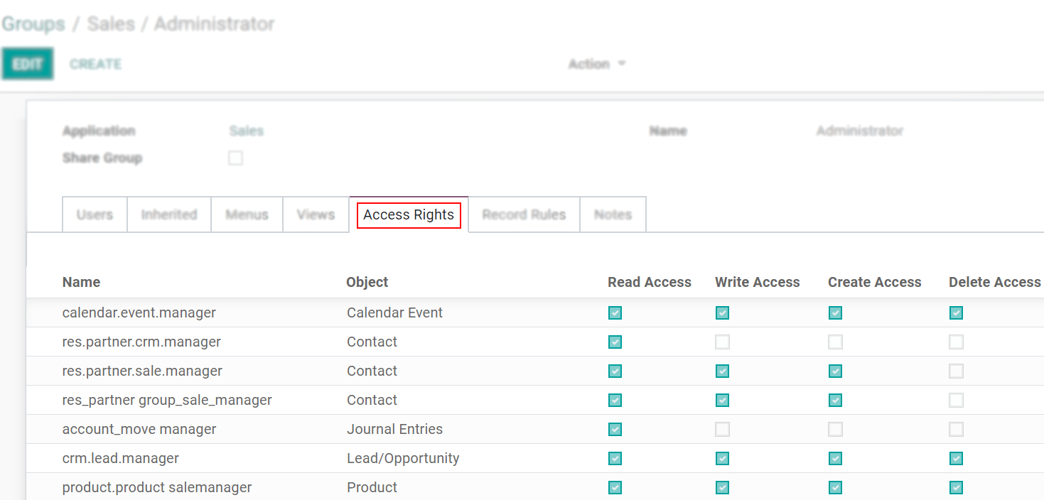 View of a group’s form emphasizing the tab access rights in Juniper