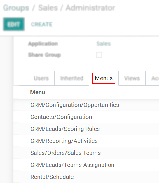 View of a group’s form emphasizing the tab menus in Juniper