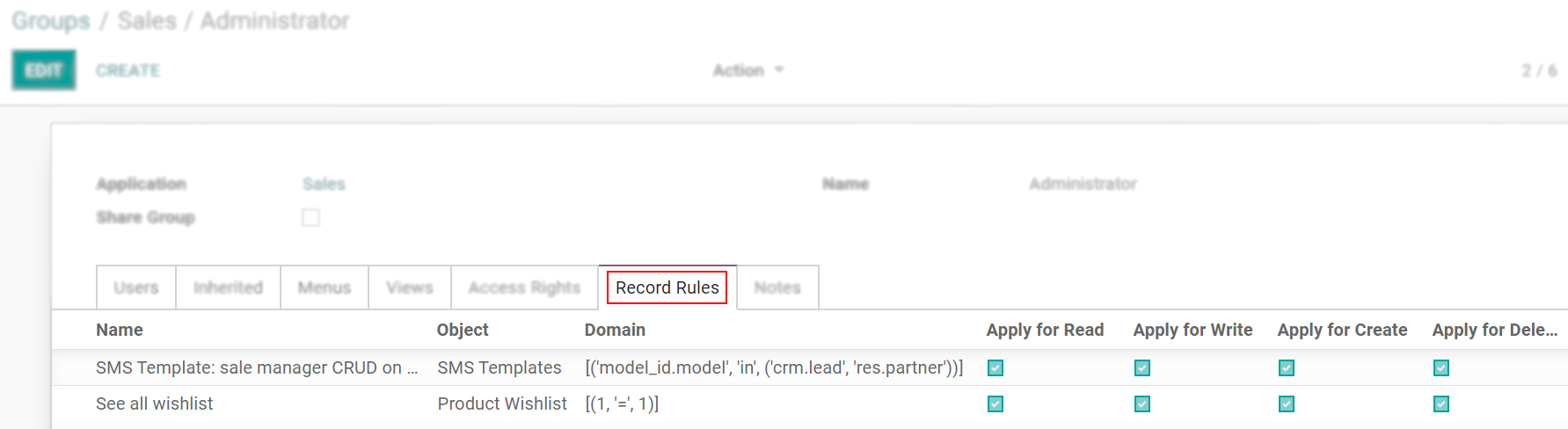 View of a group’s form emphasizing the tab record rules in Juniper