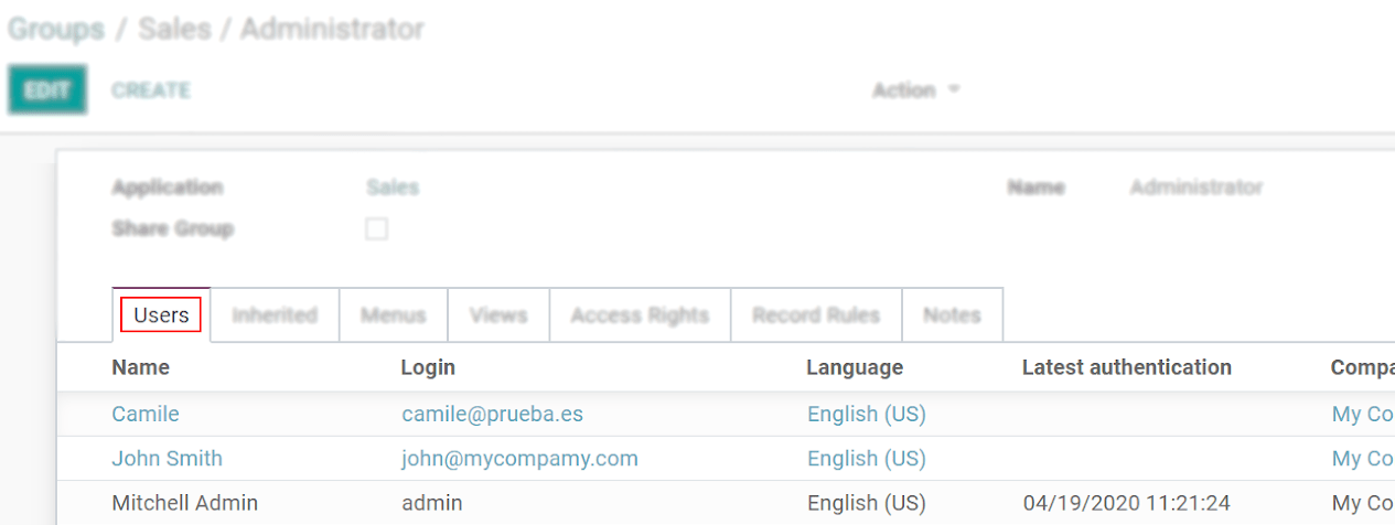 View of a group’s form emphasizing the tab users in Juniper