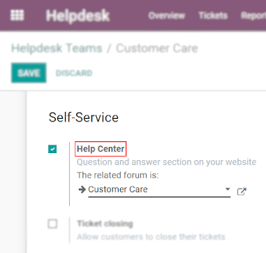 Overview of the settings page of a helpdesk team emphasizing the help center feature in Juniper Helpdesk