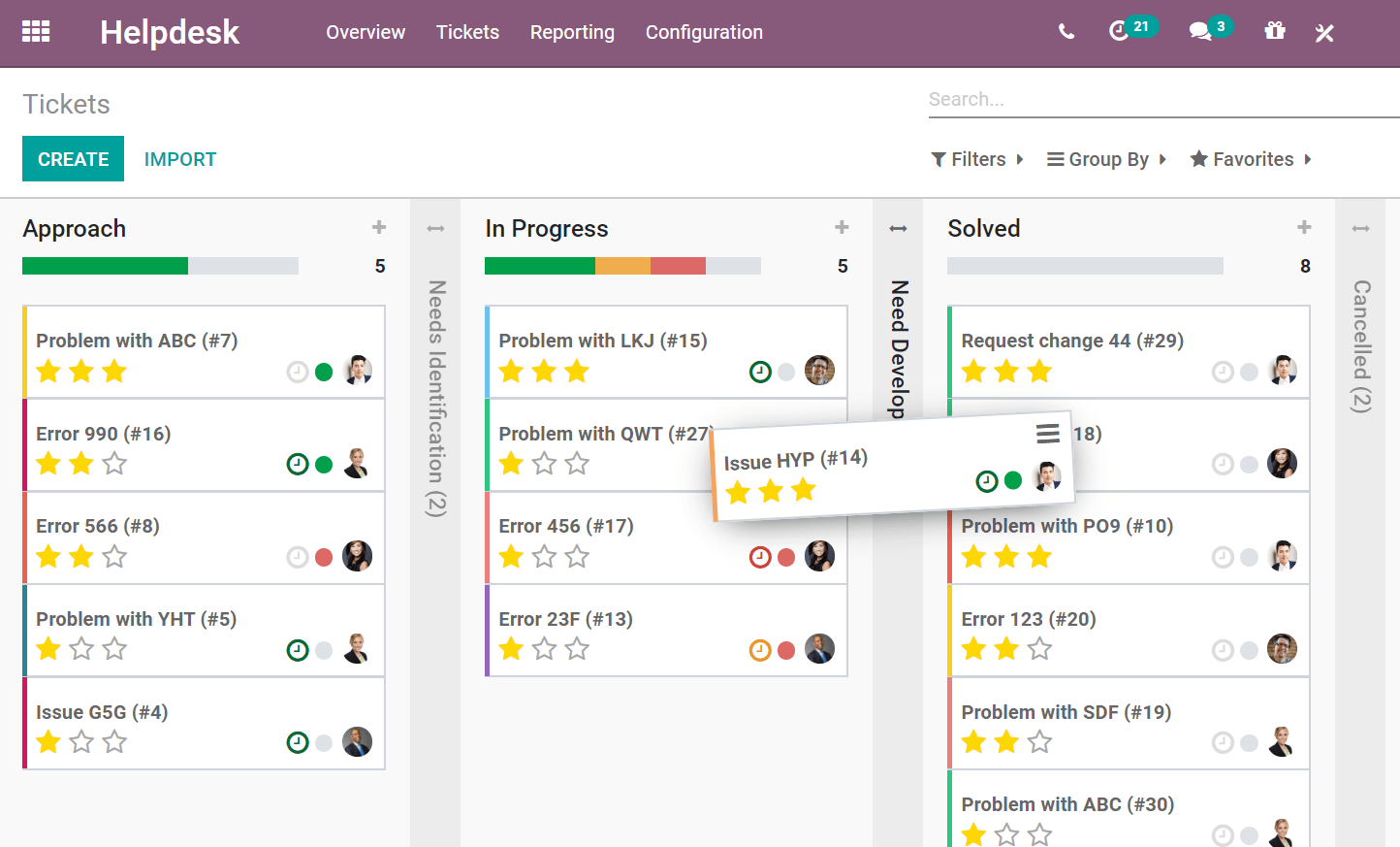 View of a team’s kanban view in Juniper Helpdesk