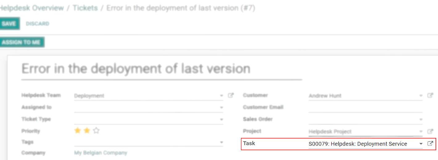 View of a helpdesk ticket emphasizing the field task in Juniper Helpdesk