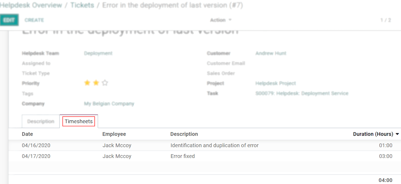 View of a helpdesk ticket emphasizing the timesheets tab in Juniper Helpdesk