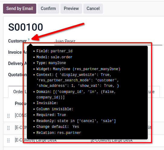 Backend information box of fields on a model.