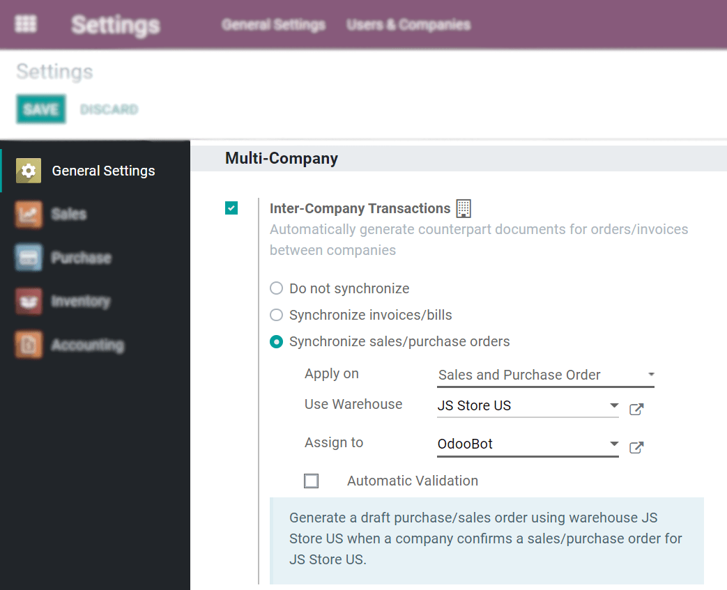 View of the settings page emphasizing the inter company transaction field in Juniper