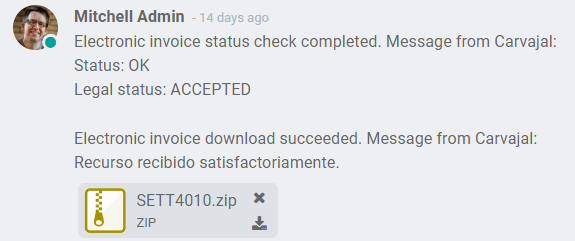 ZIP file displayed in the invoice chatter in Juniper.