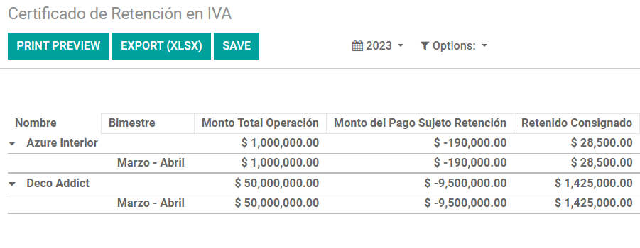 Certificado de Retención en IVA report in Juniper Accounting.