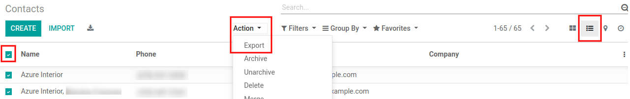 view of the different things to enable/click to export data