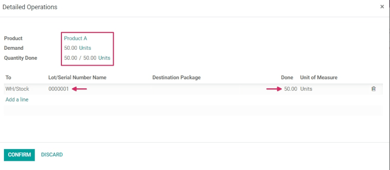 Assign lot number detailed operations popup.