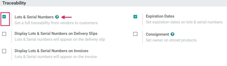Enabled lots and serial numbers feature in inventory settings.