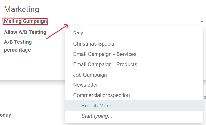 View of a mailing campaign drop-down menu in Juniper Email Marketing application.